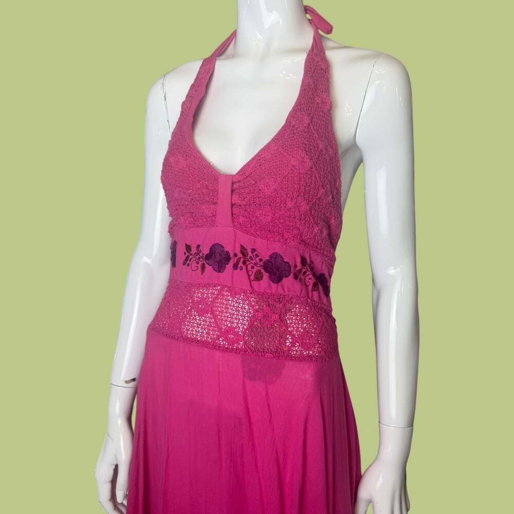 Vintage Y2K Sundress with Embroidered Halter Asymmetrical Handkerchief Hem